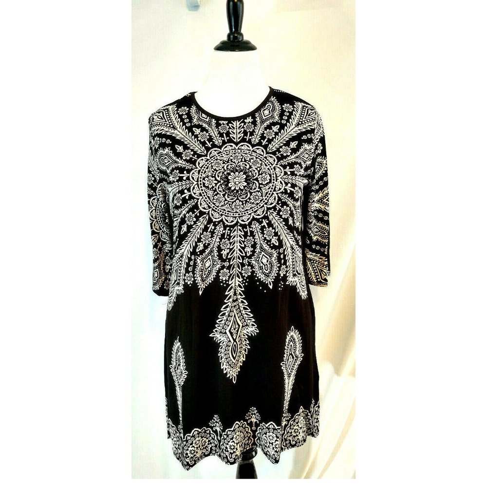 Floral Paisley Tunic Dress Sz Large Black White